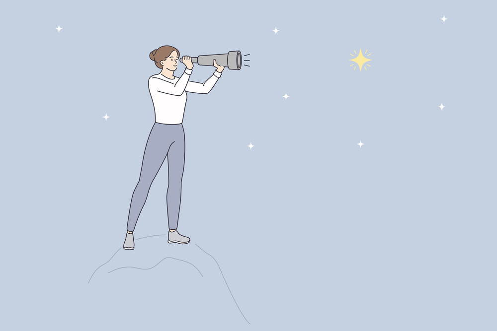 Looking at stars with binoculars concept. Young woman cartoon character standing looking at stars on sky through binoculars vector illustration . Looking at stars with binoculars concept.