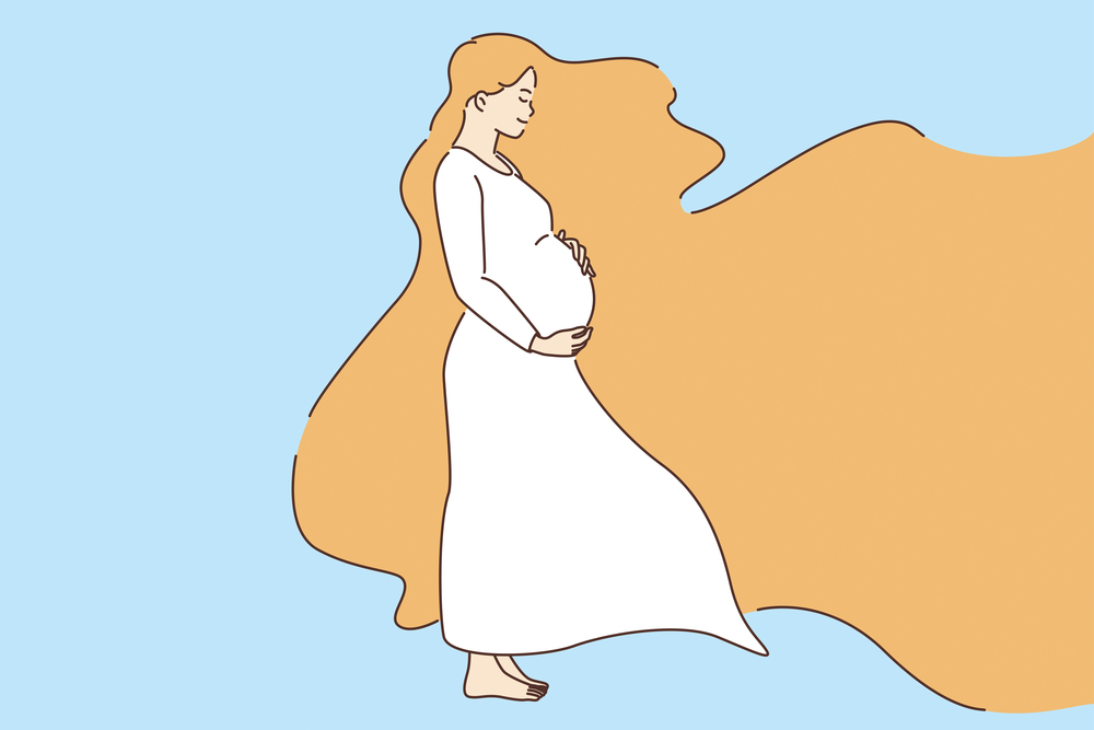 Beauty of pregnant woman concept. Young smiling pregnant woman cartoon character standing hugging belly feeling happy with hair flying vector illustration . Beauty of pregnant woman concept.