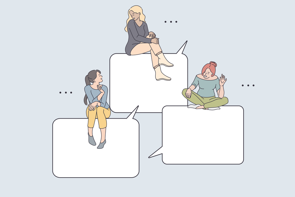 Internet communication and chatting concept. Young smiling girls friends sitting on speech bubbles greeting each other online from smartphone screen online vector illustration . Internet communication and chatting concept