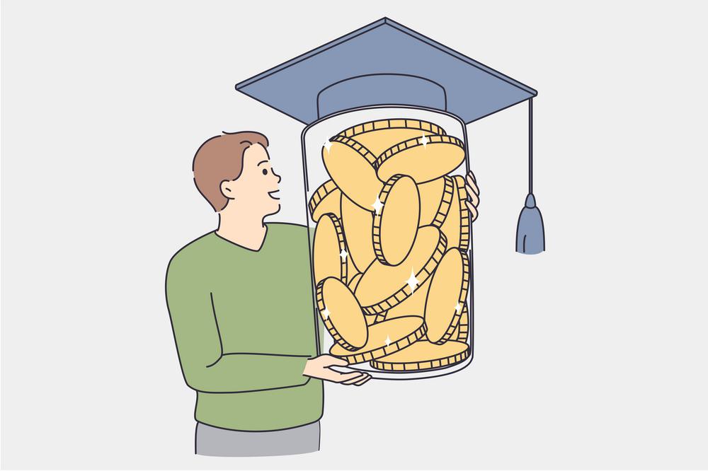 Investing money in education concept. Young boy standing holding huge jar full of golden coins covered with student degree bonet vector illustration . Investing money in education concept