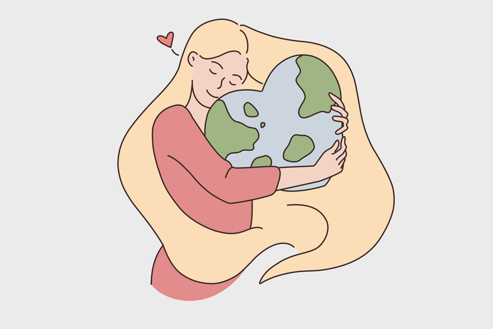 Environment and taking care of planet concept. Young smiling blonde woman hugging embracing planet earth in heart shape feeling love vector illustration . Environment and taking care of planet concept.