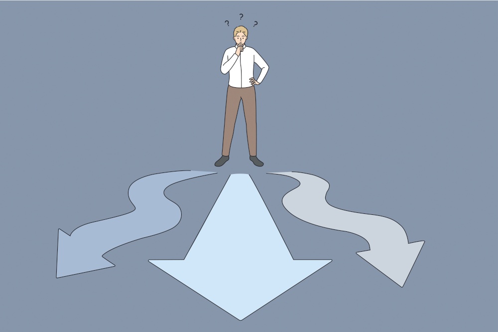 Business choice and opportunities concept. Young businessman worker standing on crossroads with ways on different sides feeling doubt frustrated which way to choose vector illustration . Business choice and opportunities concept