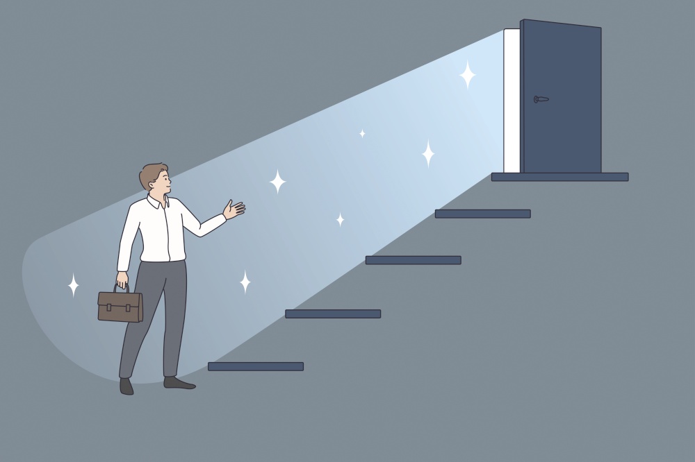 Business career and development concept. Young businessman worker standing near ladder with open door on top and better future with success vector illustration . Business career and development concept.