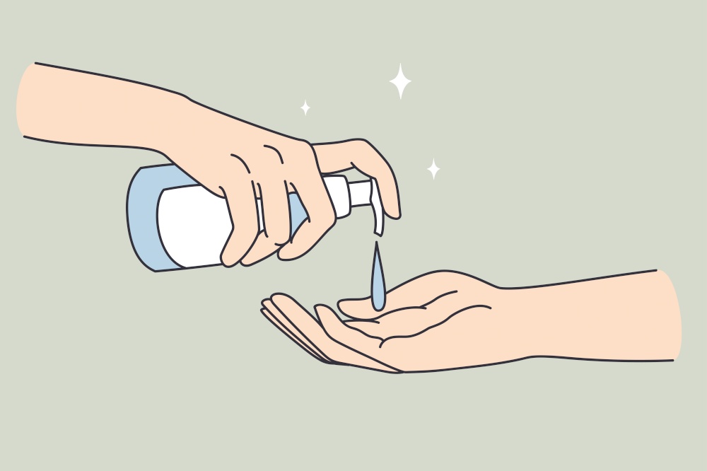 Hand sanitizer and cleaning concept. Human hands pulling soap or sanitizer for hygiene one to another vector illustration . Hand sanitizer and cleaning concept.