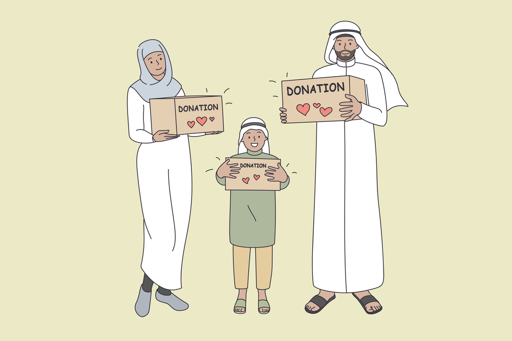 Donation for muslim families concept. Smiling arabic family mother father son standing holding donation boxes in hands with lettering for charity ramadan vector illustration . Donation for muslim families concept.