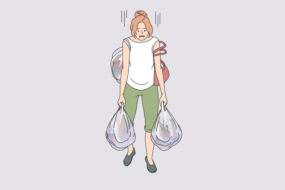 Carrying heavy bags tiredness concept. Young exhausted tired woman cartoon character going carrying many heavy shopping bags full of food from supermarket vector illustration . Carrying heavy bags tiredness concept