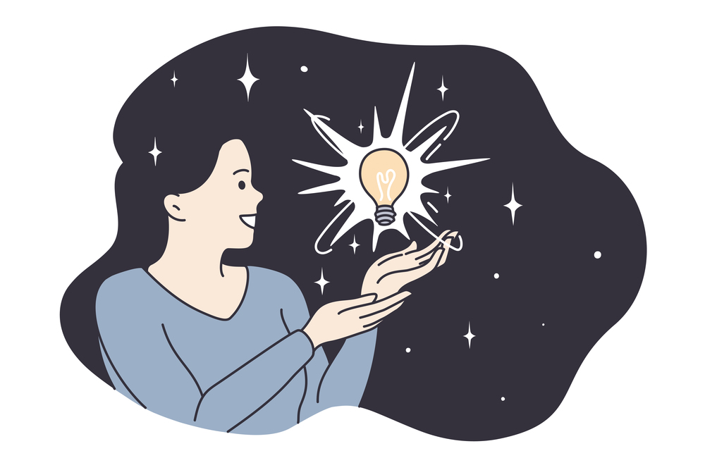 Enlightenment, harmony, having great idea concept. Young smiling woman cartoon character having light bulb in flying brunette hair feeling positive and excited vector illustration . Enlightenment, harmony, having great idea concept