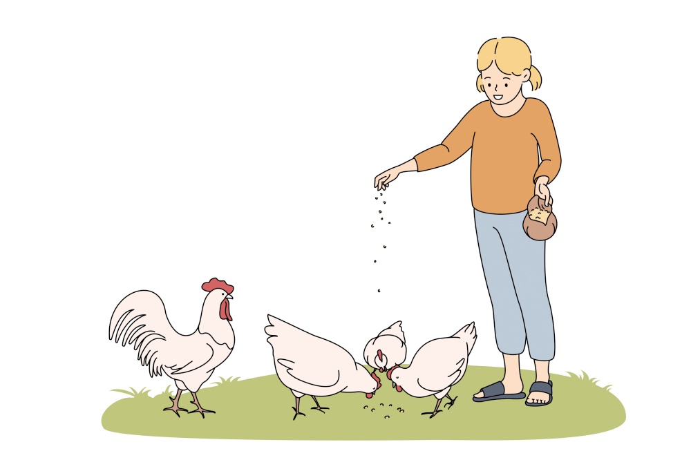 Farming, agriculture, feeding animals concept. Smiling girl cartoon character standing and feeding chicken hens with seeds from hand on grass vector illustration . Farming, agriculture, feeding animals concept.