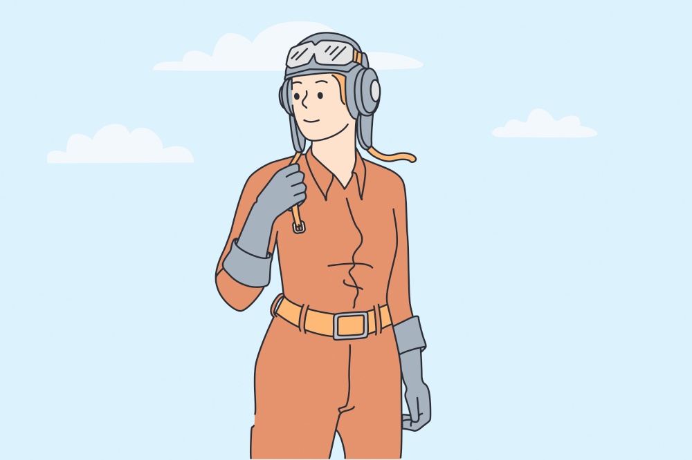 Woman working as pilot concept. Young smiling woman in helmet and protective clothes standing looking away feeling freedom and confidence vector illustration . Woman working as pilot concept