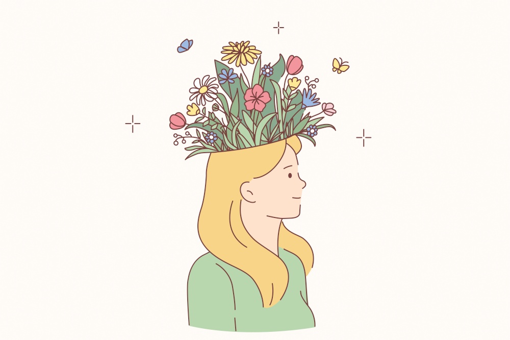 Woman with blooming head concept. Young smiling blonde female cartoon character standing having blooming flower bouquet on head vector illustration . Woman with blooming head concept