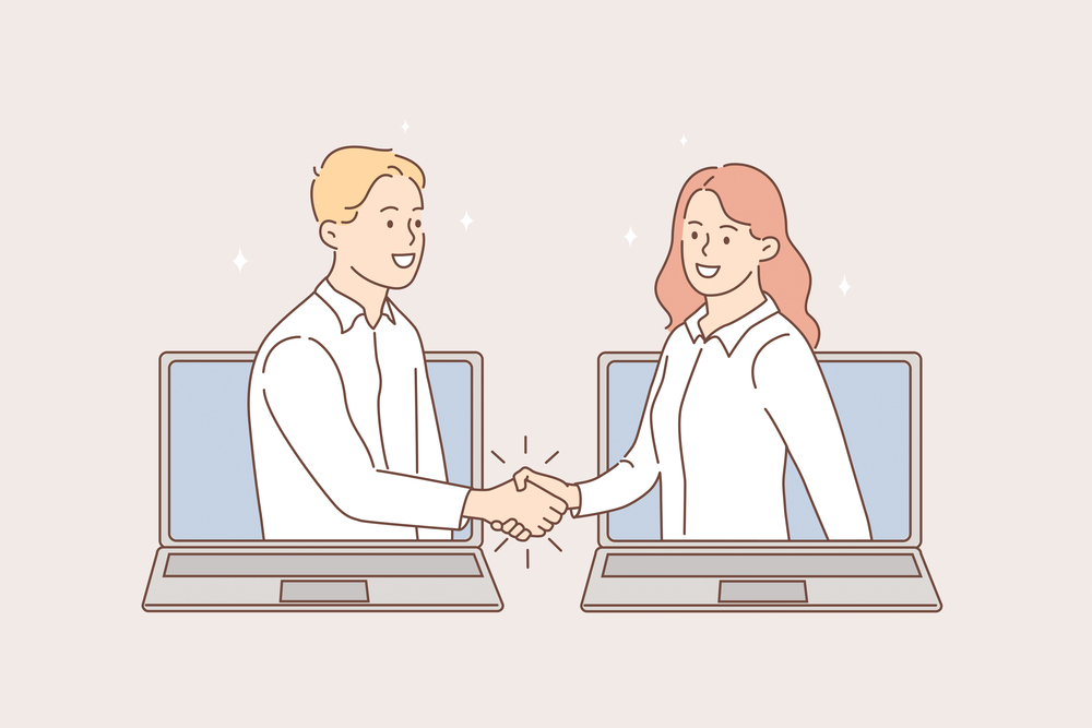 Online meeting and videoconference concept. Young smiling business people shaking hands from laptops screens after online meeting vector illustration . Online meeting and videoconference concept.