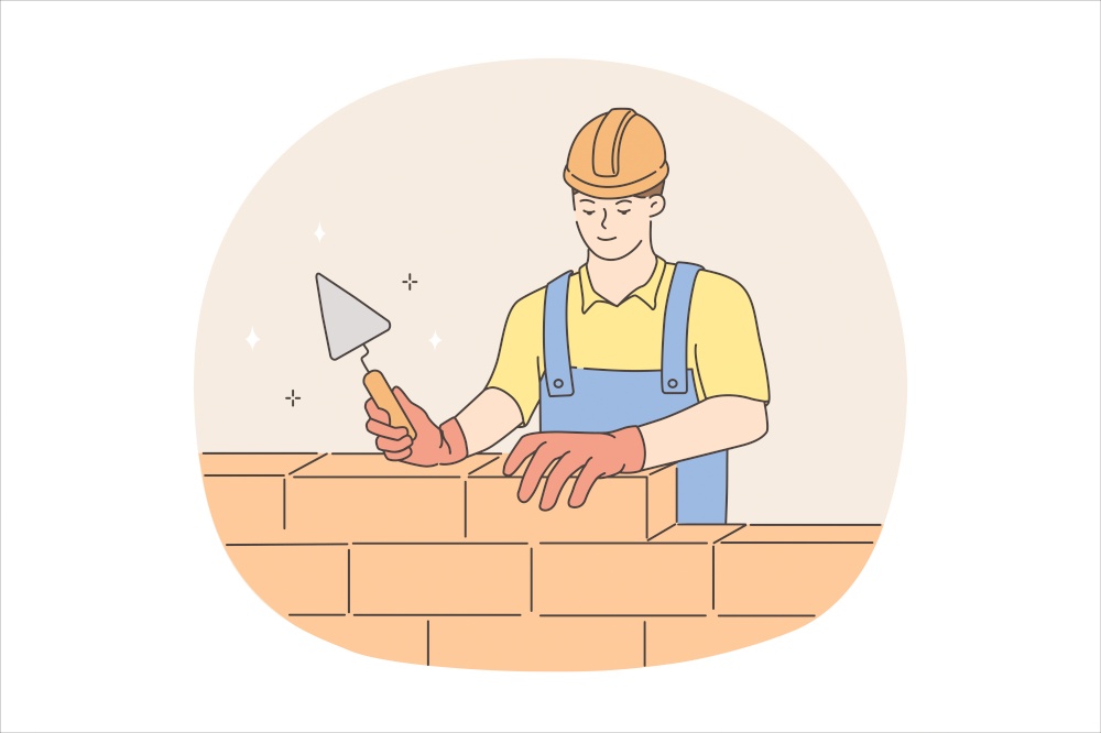 Builder man during work concept. Young man worker builder in helmet and uniform standing building wall with tools and bricks vector illustration . Builder man during work concept