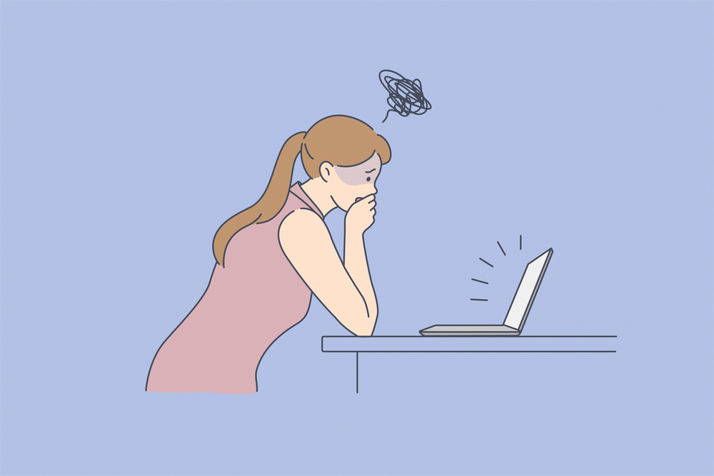 Bad news online from internet concept. Young stressed woman standing looking at laptop screen covering lipe with hand feeling shocked with bad news vector illustration . Bad news online from internet concept.