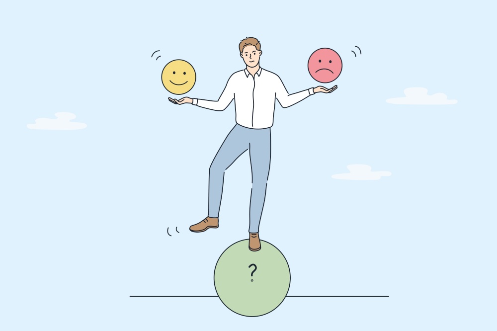 Multitasking and cheering business concept. Young smiling businessman standing on roll circle shape balancing holding positive and negative emoji in hands vector illustration . Multitasking and cheering business concept.