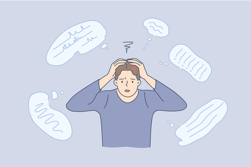 Stress, exhaustion, fullness of thoughts concept. Young stressed man cartoon character touching head feeling thinking having variety of thoughts vector illustration . Stress, exhaustion, fullness of thoughts concept.