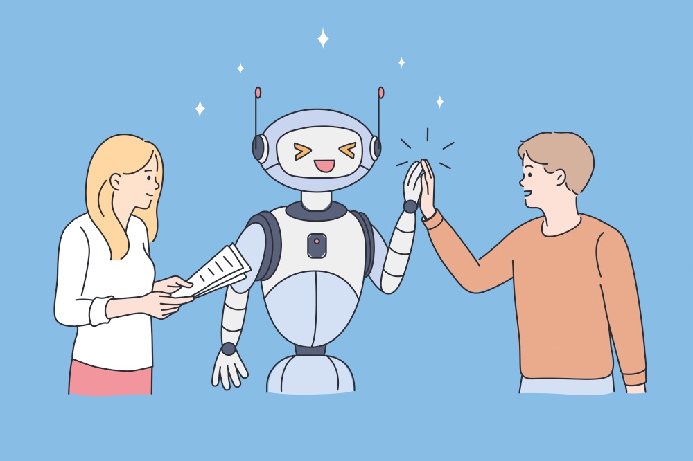 High technology and robot concept. Young couple man and woman standing greeting waving hands with robot over blue background vector illustration . High technology and robot concept