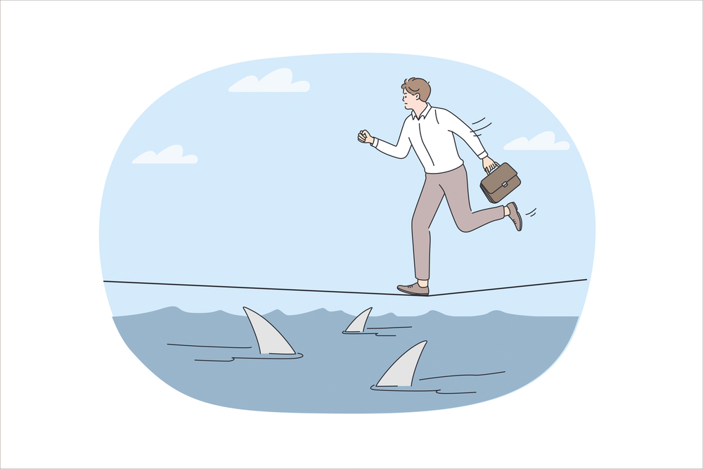 Business risks and challenge concept. Young stressed businessman running on rope over sea full of danger sharks hurrying vector illustration . Business risks and challenge concept.
