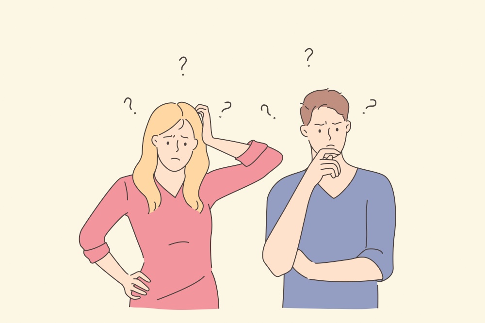 Frustration, challenge and question concept. Young frustrated couple man and woman cartoon characters standing touching faces feeling doubt with question marks above vector illustration . Frustration, challenge and question concept