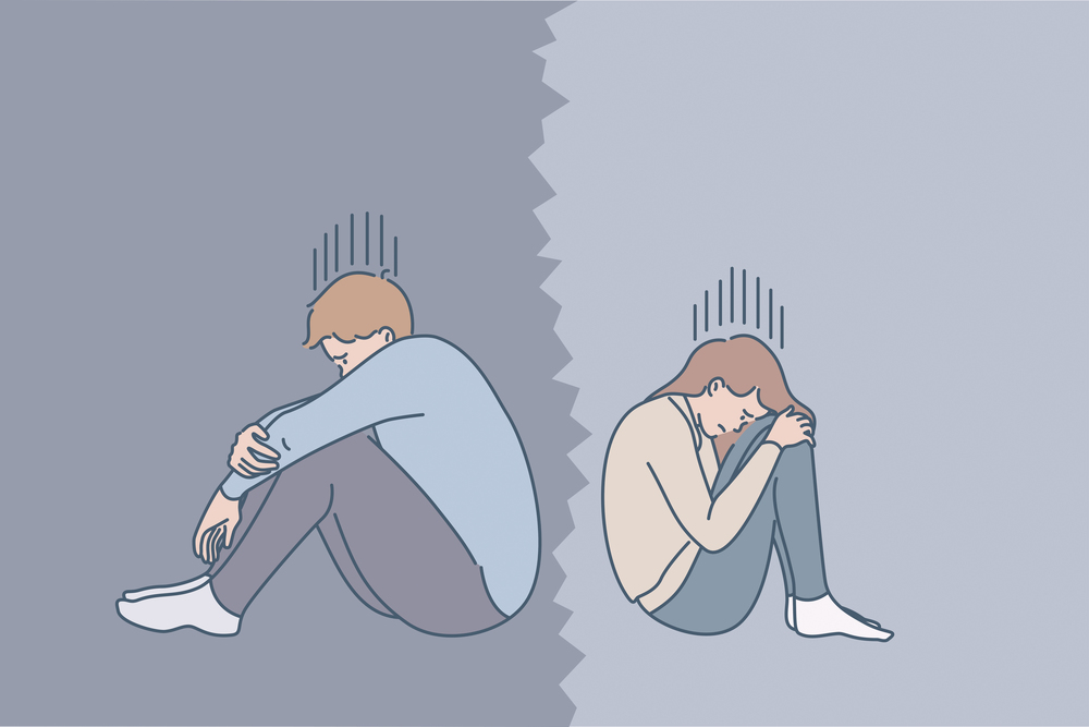 Problems in couple relations concept. Young sad depressed couple sitting back to back crying feeling lonely having bad relationships splitting up vector illustration . Problems in couple relations concept.