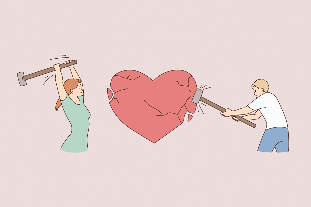 Problems in relations, conflict, break up concept. Young furious couple hitting huge red heart with hammers bitting relationships splitting up vector illustration . Problems in relations, conflict, break up concept.