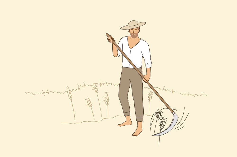 Farming and rural agriculture concept. Young smiling man farmer in hat barefoot standing mowing rye in august harvesting vector illustration . Farming and rural agriculture concept