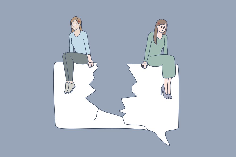 Quarrel, problems in communication concept. Two women friends sitting on different edges of torn paper feeling sad of misunderstanding and quarrelling with each other vector illustration . Quarrel, problems in communication concept.