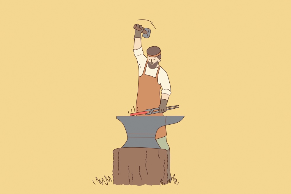 Work and tools of blacksmith concept. Young man blacksmith cartoon character with beard in apron standing working with hot iron vector illustration . Work and tools of blacksmith concept