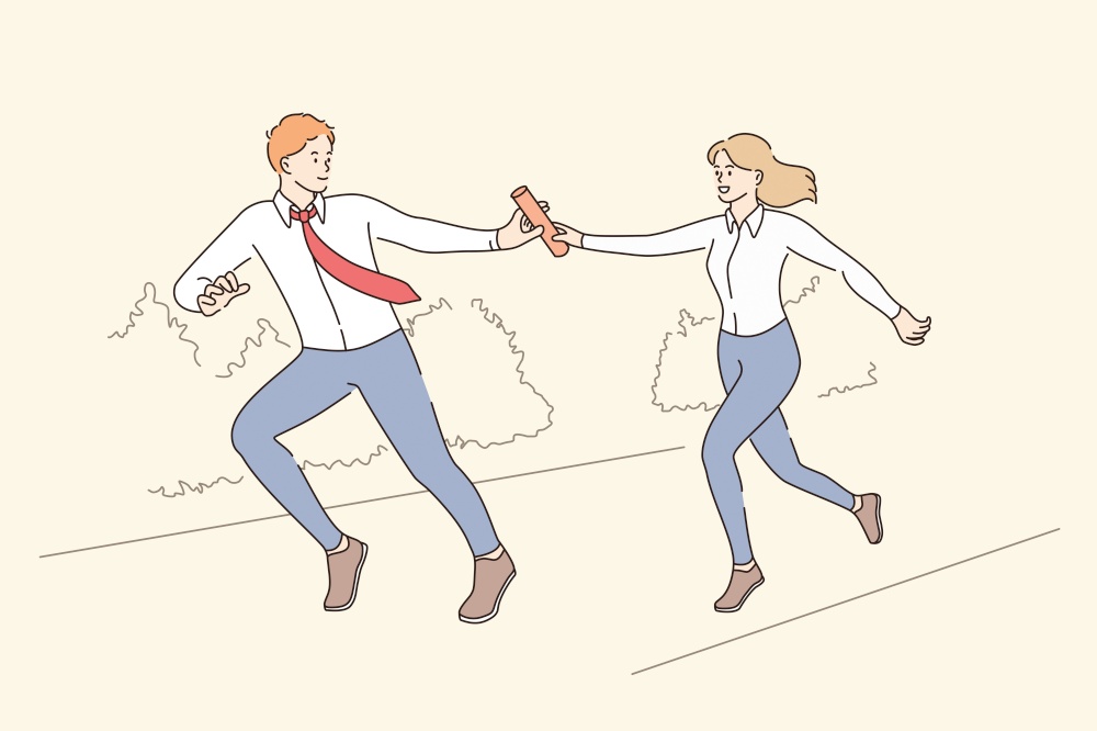 Teamwork, collaboration and business challenge concept. Young woman worker running and giving baton to colleague man in suit and tie meaning success and achievement concept vector illustration . Teamwork, collaboration and business challenge concept