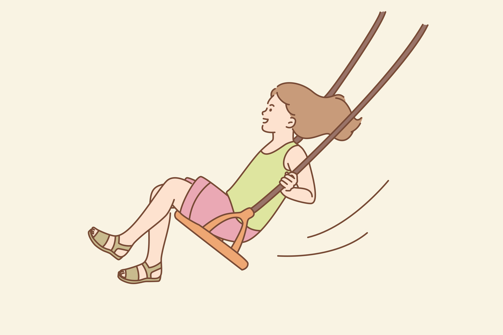 Happy childhood, summer activities concept. Young smiling girl sitting riding on swing un summer having fun outdoors vector illustration . Happy childhood, summer activities concept.