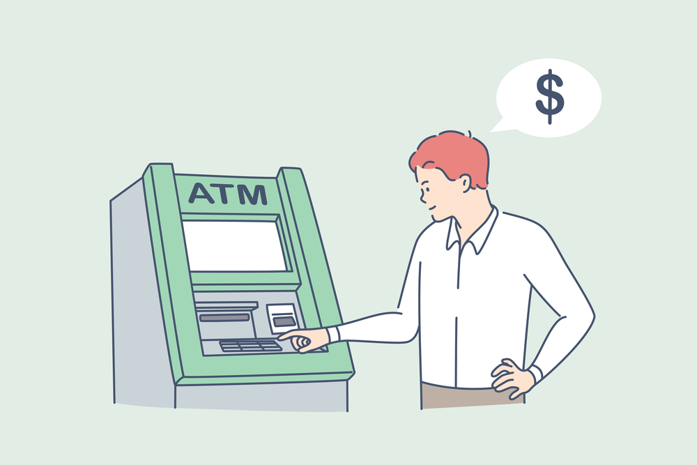 Withdrawing money on atm concept. Young man standing entering pincode on atm machine for getting money cash vector illustration . Withdrawing money on atm concept