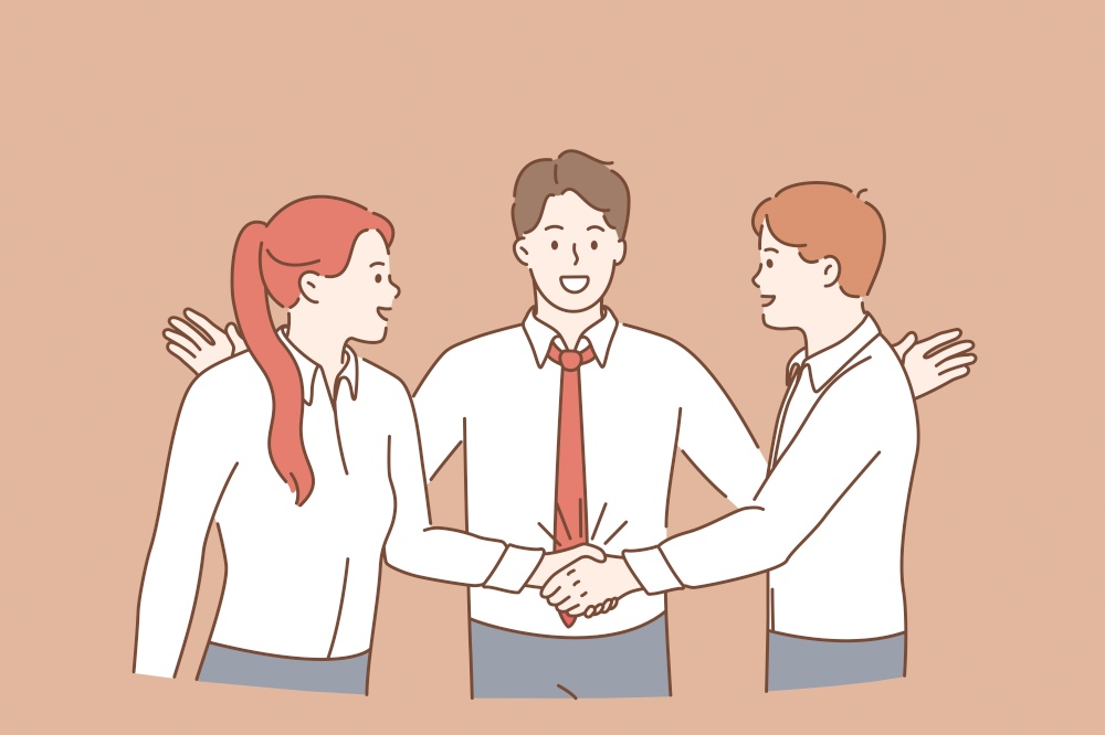 Teamwork, collaboration and business partnership concept. Group of Young men and women workers cartoon characters standing shaking hands after successful deal meaning success and achievement . Teamwork, collaboration and business partnership concept
