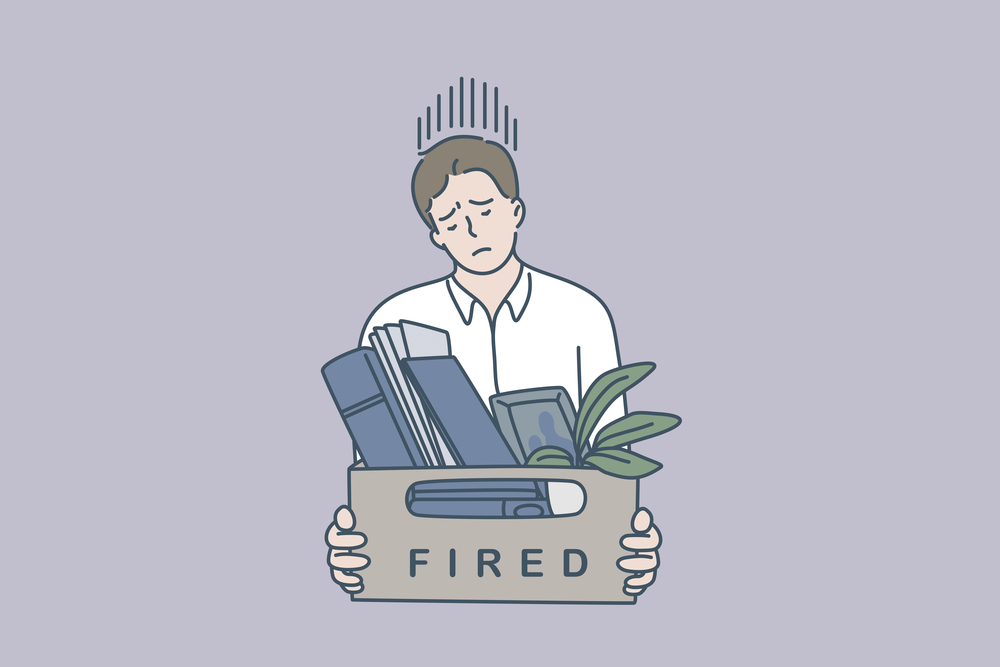 Feeling sad of being fired concept. Young man worker standing feeling stressed being fired holding box with belongings vector illustration . Feeling sad of being fired concept.