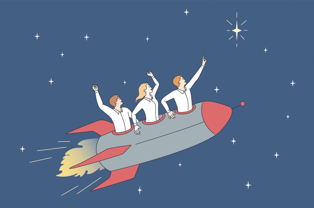 Teamwork, business success and development concept. Group of Young men workers cartoon characters riding on rocket to stars meaning success and achievement concept vector illustration . Teamwork, business success and development concept