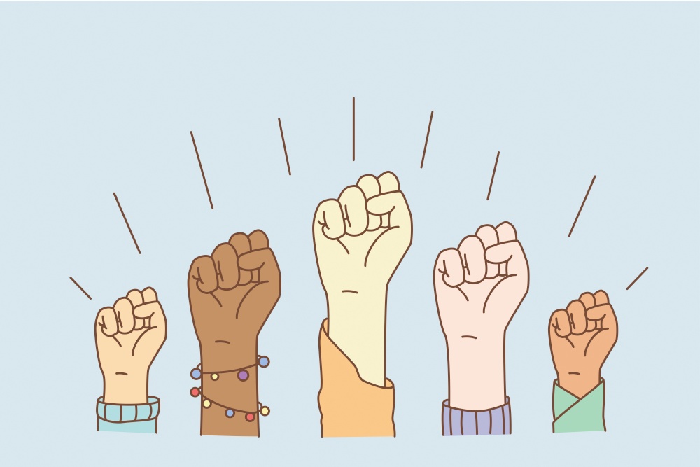 Equal rights and stop racism concept. Hands of mixed race people group showing fists meaning equality and stop discrimination vector illustration . Equal rights and stop racism concept.