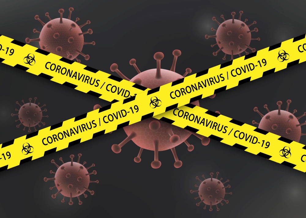 Caution biohazard black and yellow striped borders with virus. Stop coronavirus warning banner. Stop coronavirus banner Template for your design