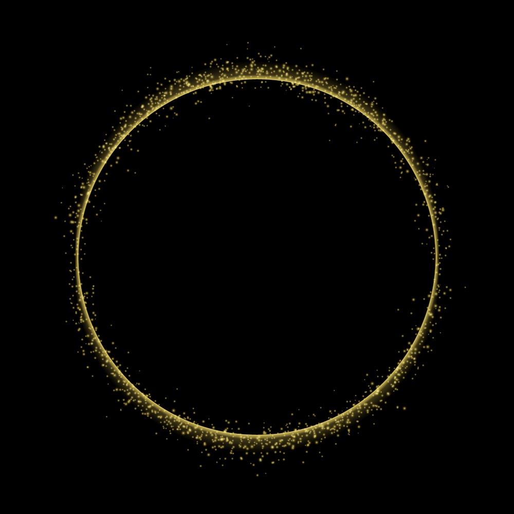 Gold circle frame with glitter light effect. Golden comet with glowing tail of shining stardust sparkles. Gold circle frame with glitter light effect. Template for your design