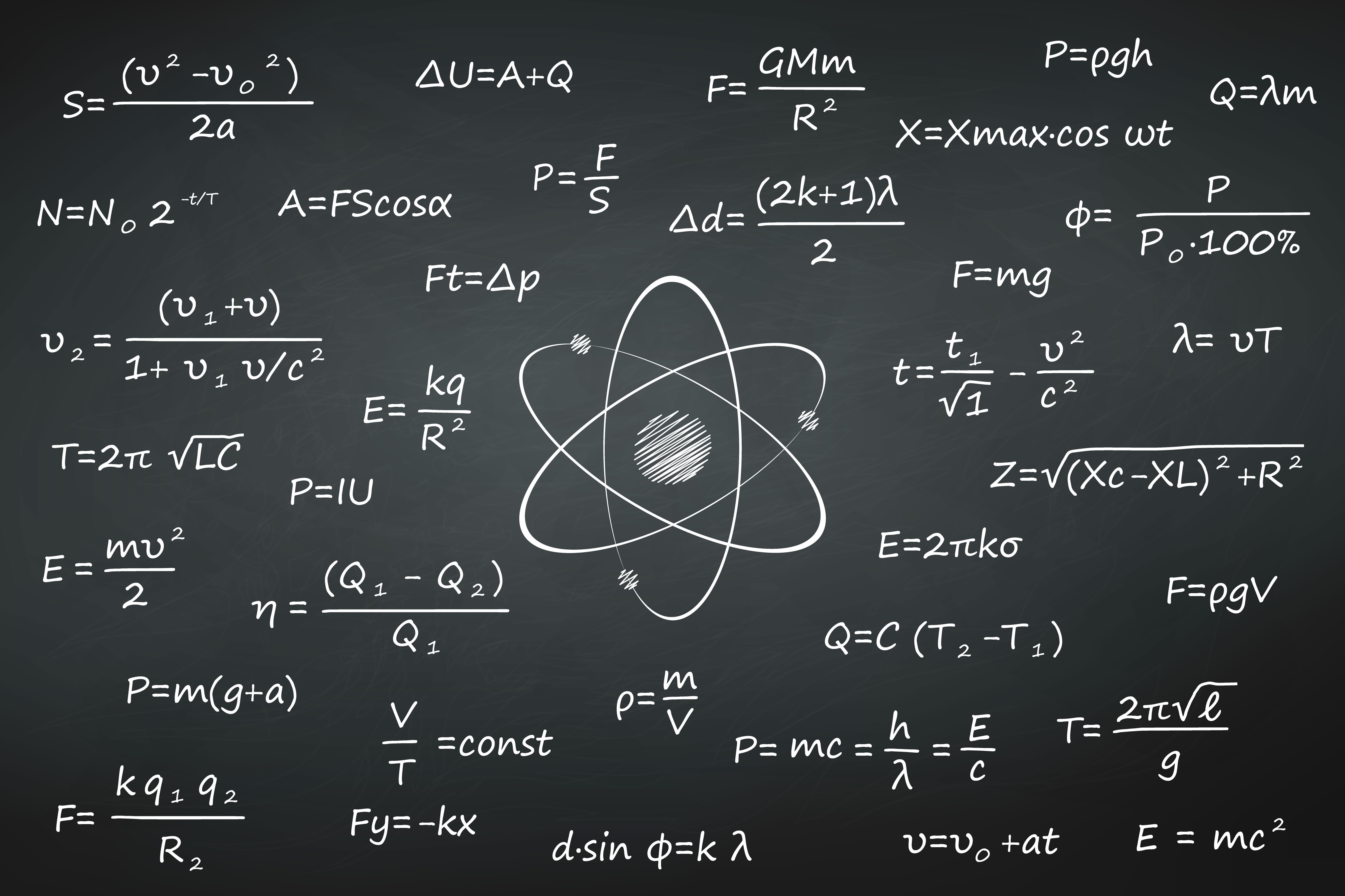 Chalkboard with science formulas. Physics background. Chalkboard with science Physics formulas Template for your design