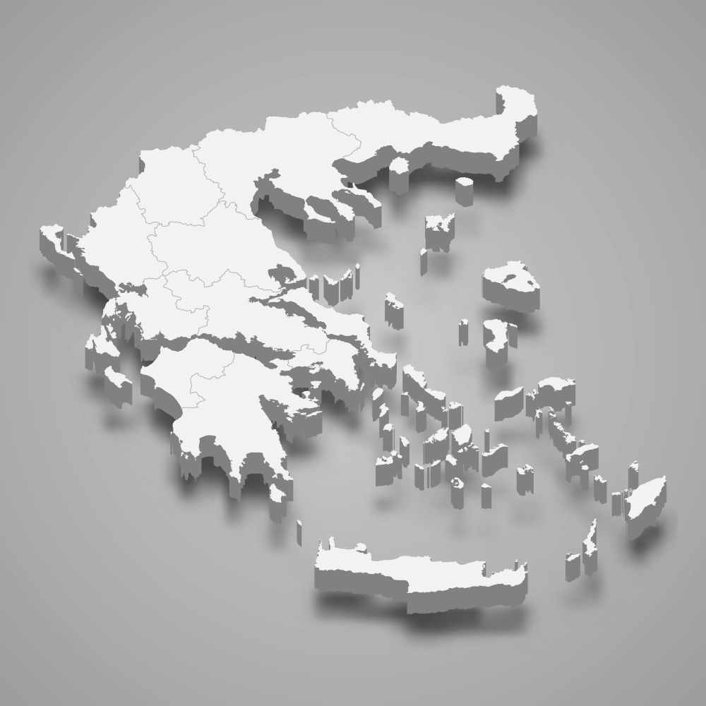 3d map of Greece with borders of regions. 3d map with borders Template for your design