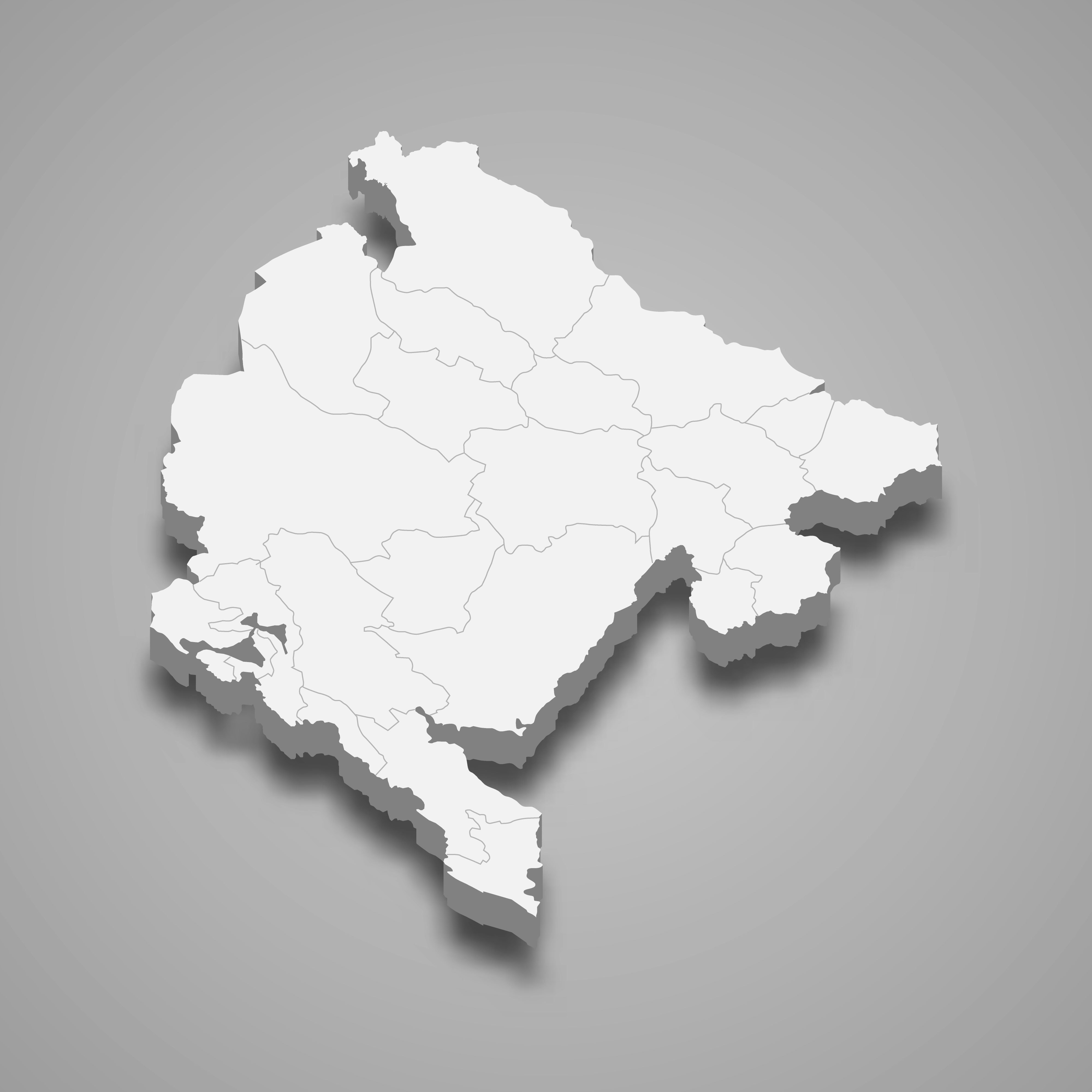 3d map of Montenegro with borders of regions. 3d map with borders Template for your design