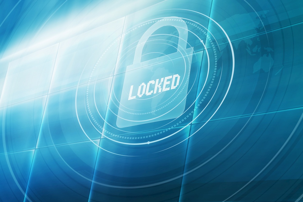 A lock on multiple digital screen with locked text, digital technology password protected concept