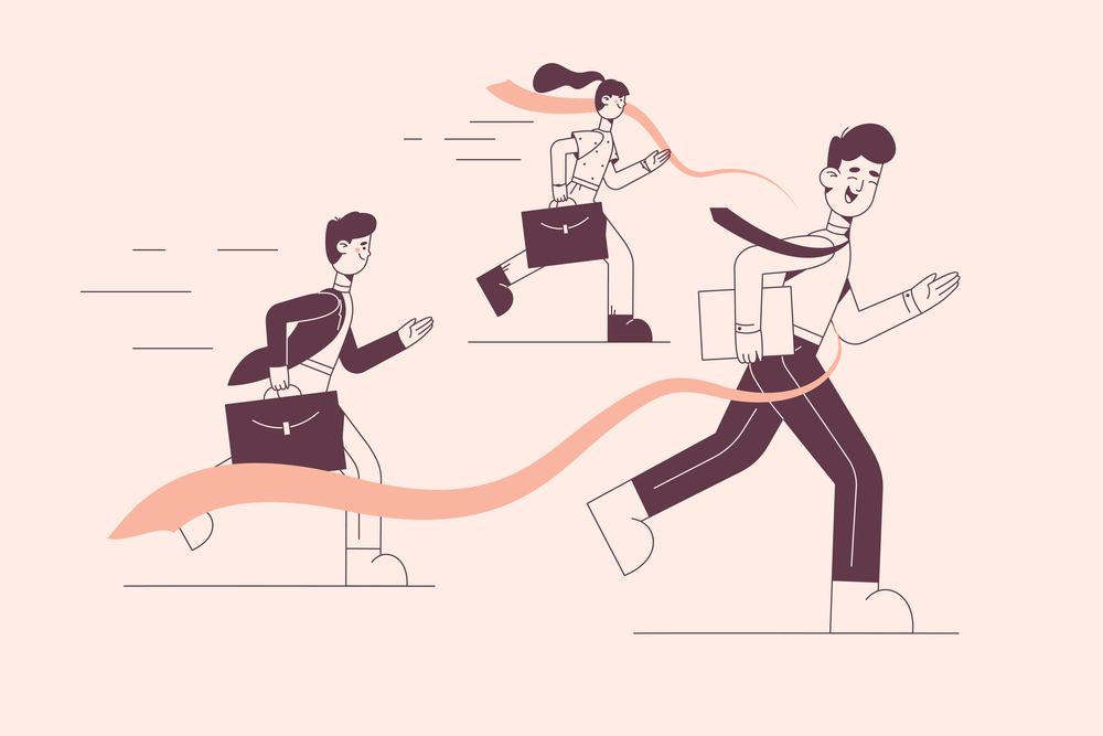 Business competition and leadership concept. Young people businessmen men and women running and trying to be first at crossing final line in competition vector illustration . Business competition and leadership concept