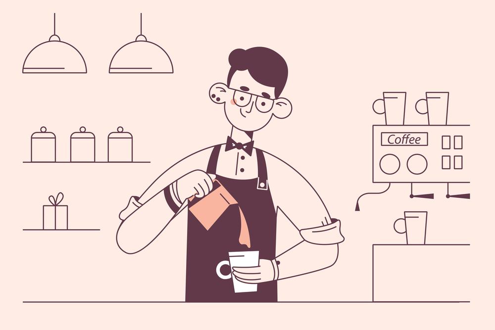 Barista during work concept. Young smiling man barista cartoon character working at cafeteria making coffee for client vector illustration . Barista during work concept