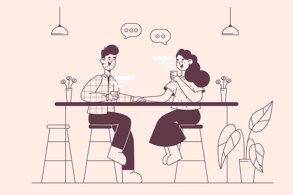 Small business and cafeteria concept. Young smiling couple man and woman sitting together and drinking coffee in modern coffee shop cafeteria having date vector illustration . Small business and cafeteria concept