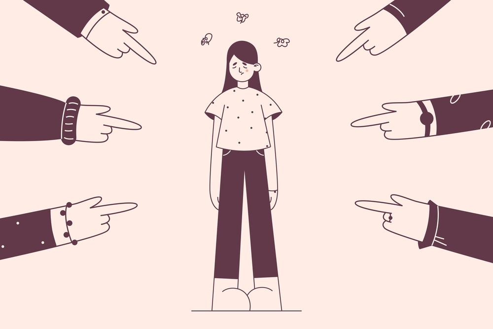 Accusing guilty person of girl concept. Sad upset woman looking down with many fingers pointing to her from different sides vector illustration . Accusing guilty person of girl concept