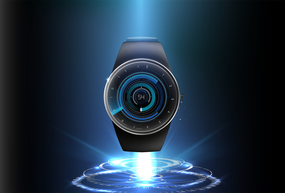 Vector realistic illustration with a futuristic style, represented by the functions  Vector realistic illustration of concept smart watch, technology functions and template text.