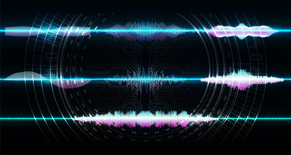 Sound wave for web site, wallpaper, poster, placard, ad, cover abstract music pulse background. Audio track wave graph of frequency and spectrum.