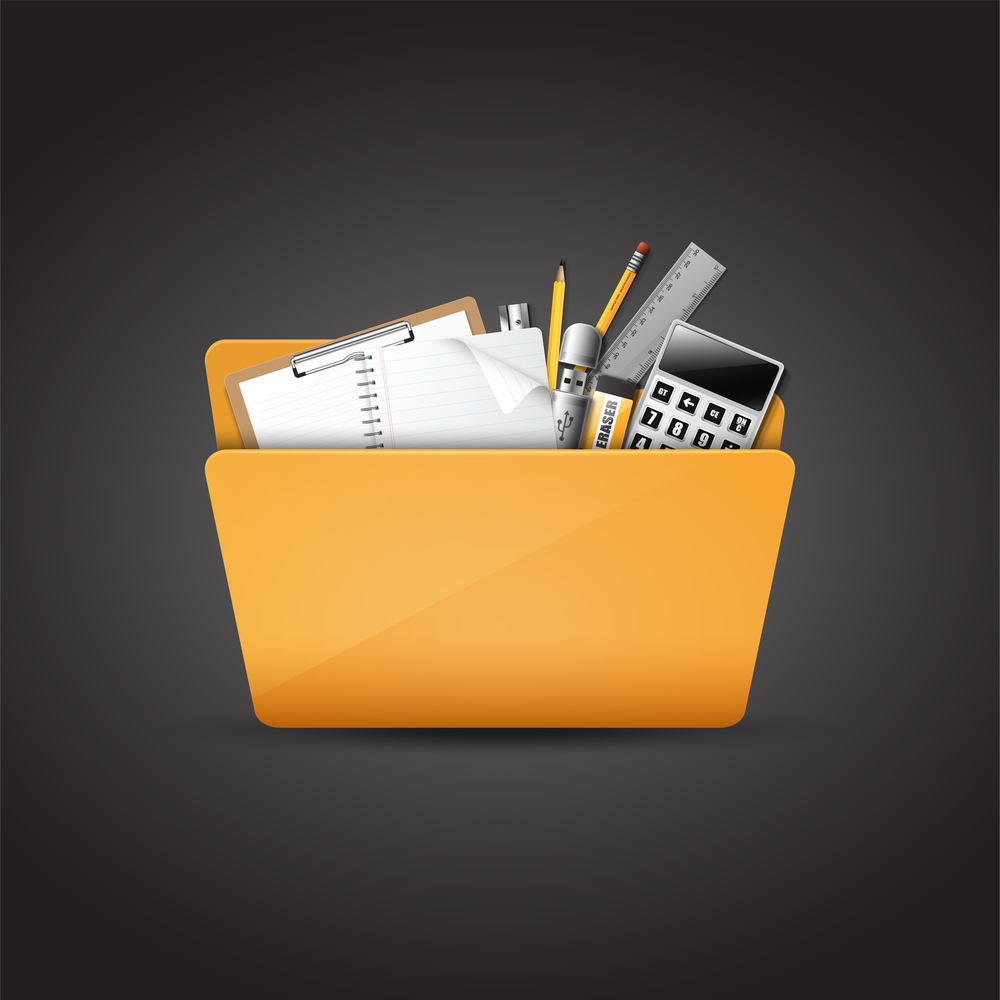 Yellow file folder icon isolated on black background.