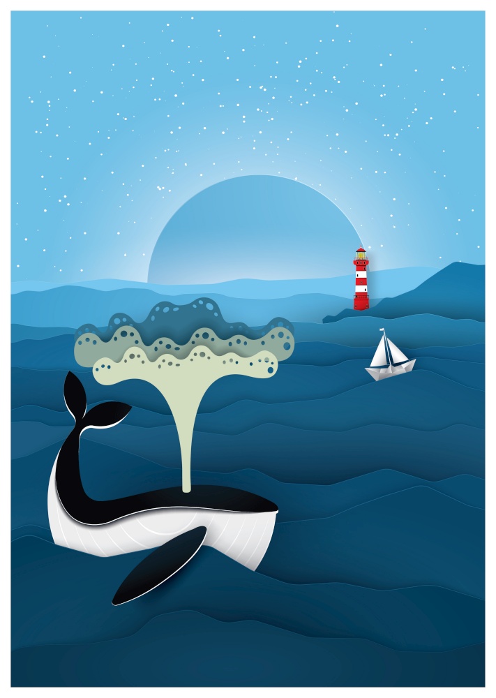 Vector and illustration graphic digital craft style, Blue whales in the sea at night.