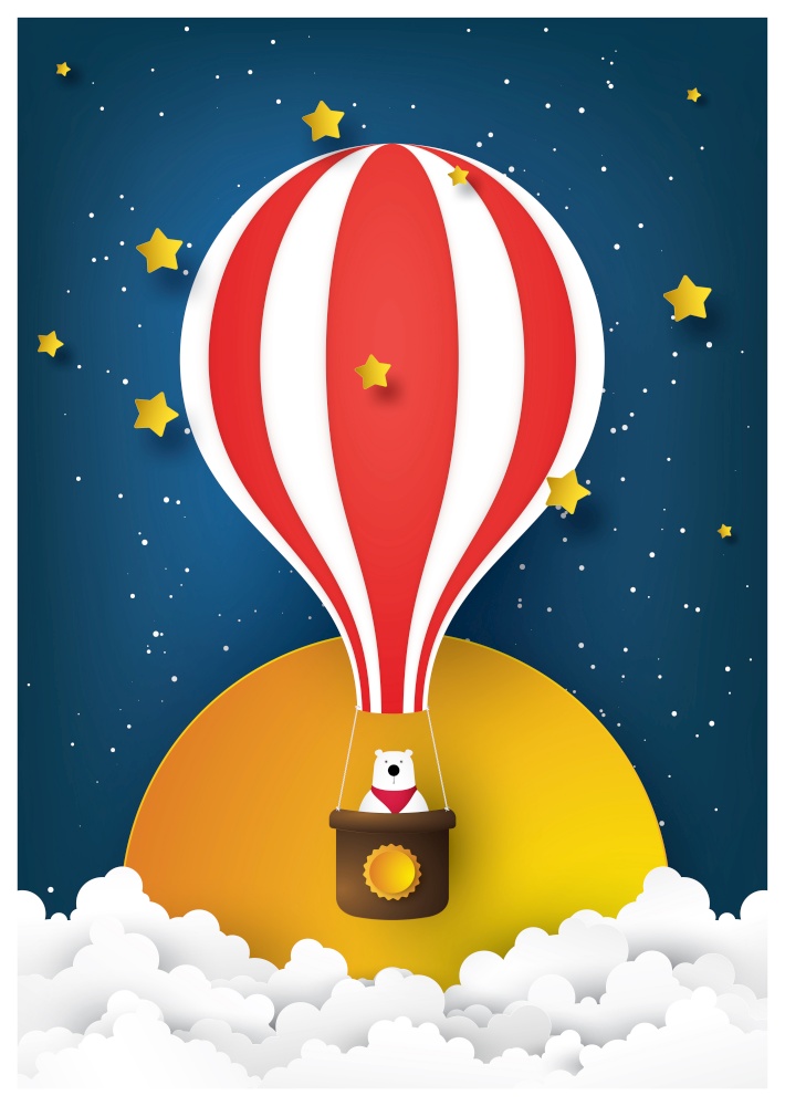 Vector and illustration graphic digital craft style, Hot air balloon at night  time.