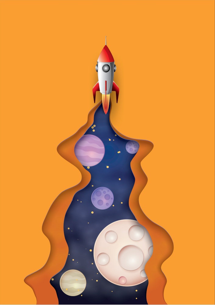 Vector and illustration graphic digital craft style,Space rocket launch and galaxy,Idea for presentation EPS10.